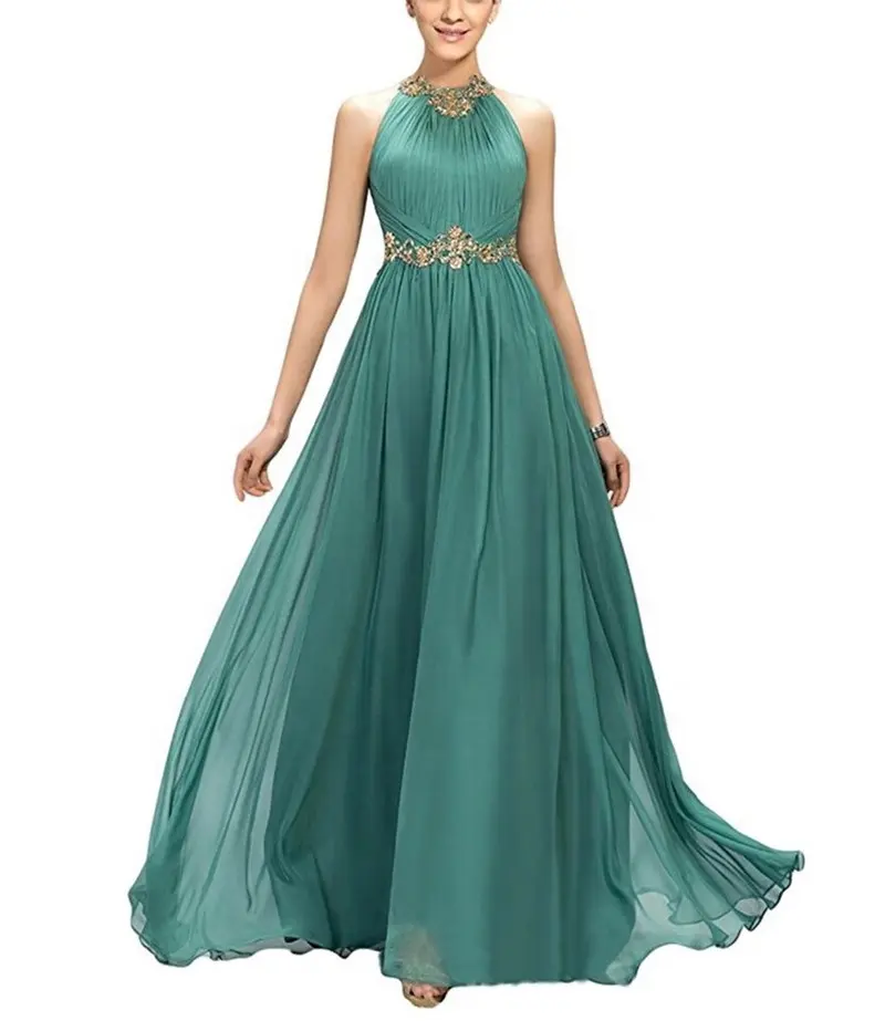 Beading Pleated Chiffon Prom Dress A Line Floor Length Halter Neckline Dinner Party Gown