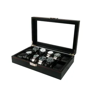 Большой черный ящик для хранения часов из искусственной кожи с пружинным шарниром и 12 отделениями
