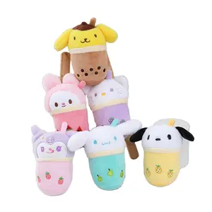 3D Doll Milk Pearl Tea Cup Keychains Soft Lovely Cartoon Cinnamoroll Kuromi Melody Kitty Plush Keychain Woman Gift Key Chain