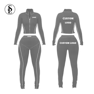 2023 Custom Tracksuit Women 2 Pieces Sets Clothing Cotton Nylon Crop Top Leggings Joggers Women Skinny Jacket Tracksuit Sets