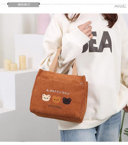 Bolso tote de lona y pana de moda para mujer, mini bolso de mano con oso bordado, lindo bolso de almuerzo con estampado Happy Day y cierre de cremallera, 6 pulgadas - Product Image 2