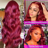 Wig Rambut Asli Body Wave 99J Merah, Wig Rambut Asli Lace Front Warna Burgundy Piano, Wig HD Lace Front untuk Wanita Kulit Hitam