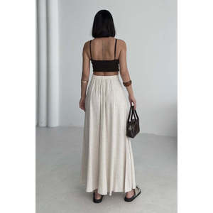 Falda Midi Larga de Satén y Lino con Cintura Elástica, Diseño de Pliegues y Vendaje, Volantes Bordados, Silueta Ajustada Tipo Lápiz - Product Image 5