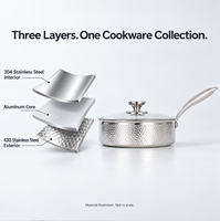 Poêle à frire à fond plat en acier martelé 304 à trois couches, pour aliments pour bébés, pot à lait non revêtu, ensemble d'ustensiles de cuisson multifonctionnels