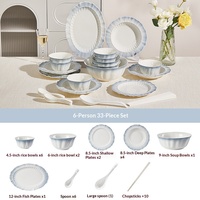 Ensemble de bols et assiettes en céramique sous glaçure, résistant au micro-ondes, design minimaliste, modèle Pétale Bleu Flamme, haut de gamme, idéal pour un cadeau de pendaison de crémaillère
