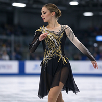 Robe de patinage artistique noire pour enfants et adultes, maille nude, manches longues, strass or et argent, pour spectacle de patinage sur glace