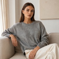 Pull en laine pour femme, tricot torsadé, élégant, gris chiné, col rond, style minimaliste, luxe discret