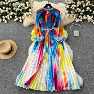 Nuovo Abito Casual da Donna Taglie Forti, Lungo, con Stampa Floreale, Maniche Lunghe, in Raso, Monopetto, Pieghettato, Stile Impero, per Primavera Autunno - Product Image 4