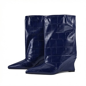 Nouveau à la mode femmes surdimensionné large mollet bottines sculptural talon compensé pierre PU bout pointu Styles européens - Product Image 6