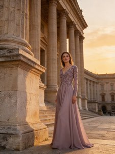 Vestido <span class=keywords><strong>de</strong></span> Noche <span class=keywords><strong>de</strong></span> Malla con Cuentas <span class=keywords><strong>Color</strong></span> Malva, Directo <span class=keywords><strong>de</strong></span> Fábrica, Manga 3/4, Cuello en V, Corte A, <span class=keywords><strong>de</strong></span> Gasa, Formal, para Madre <span class=keywords><strong>de</strong></span> la Novia, Fiesta <span class=keywords><strong>de</strong></span> Boda, Tallas Grandes - Product Image 1