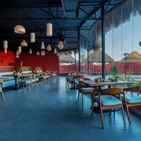 Ensemble de meubles de restaurant commercial moderne, table carrée en bois, chaise incurvée en cuir, meubles pour cafés, hôtels