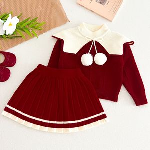 Ensemble deux pièces en tricot pour filles, style universitaire vintage, automne-<span class=keywords><strong>hiver</strong></span>, pull à grand col à pompons et jupe plissée - Product Image 4