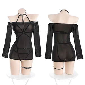 Yeni kadın erotik iç çamaşırı dantel-up yumuşak See-through Mesh Sheer BodyCon Lingerie elbise siyah seksi esaret koşum iç çamaşırı seti - Product Image 3
