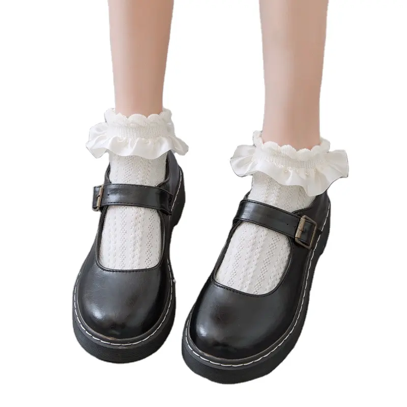 Calze da donna calze stile Lolita giapponesi con volant arricciati calzini corti dolci da bambina in pizzo a rete nera bianca solida