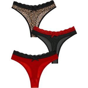 FOXA Paquete de 3 tangas para mujer con estampado de leopardo, ribete de encaje, cintura baja, sin costuras, bragas con lazo, ropa interior - Product Image 1