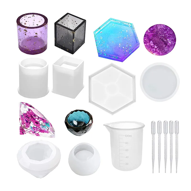 Juego de 12 bolas de epoxi de cristal, Cubo de mesa oscilante, paquete de combinación de posavasos, juego de moldes de silicona de resina para espejo