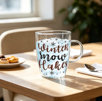 Mug en verre transparent imprimé Noël avec poignée, motif lettres festives, tasse à café ou à thé transparente, vaisselle de fête, cadeau de Noël