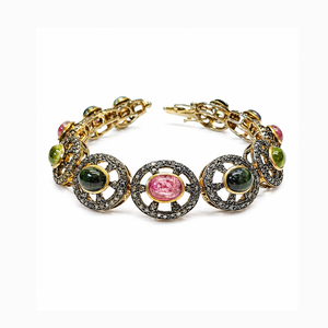 Pulsera de Plata de Ley 925 Chapada en Oro con Turmalina Multicolor y Diamantes, Joyería de Diseño de Lujo - Product Image 2