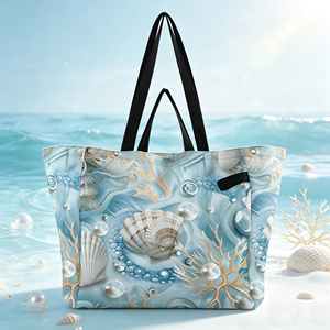 Sac fourre-tout de plage personnalisé en toile coquillage, grande capacité 32L, double poignée, réutilisable, thème océan, sac de courses, vente en gros - Product Image 1