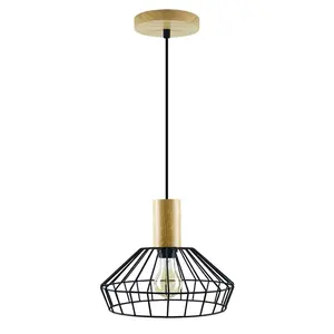 Nordic Indoor Art Deco Hanging Lamp Modern Single Small Mesh Black Metal Wooden Kitchen Island Dinning Cage Led Pendant Light