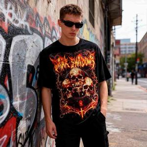 Nouvelle Arrivée 2026 T-shirt Unisexe 100% Coton Coupe Oversize Imprimé Graphique Crâne et Flammes Style Urbain Vintage Coupe Boxy pour Homme - Product Image 3