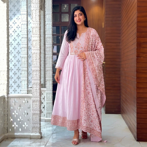 <b>Beautiful</b> Traditional pink Indian Style GEORGETTE Anarkali Long Gown Designer Dupatta Women Diwali Party Wear - Product Image 1