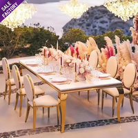 Table de salle à manger rectangulaire en or pour mariage, Table rectangulaire en acier inoxydable en verre moderne pour événement et Banquet