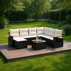 Black Rattan Garden <b>Sofa</b> <b>Set</b> High-Density Foam Cushions Outdoor Furniture Contemporary Design Waterproof UV Resistant - Product Image 2