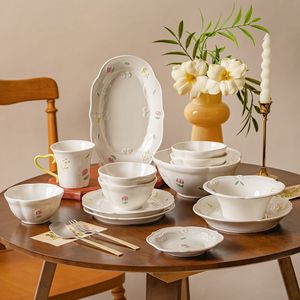 Custom High Quality <b>Stoneware</b> Floral Dishwasher Safe Dinner Plate Bowl Mug Embossed Pattern Nordic White <b>Dinnerware</b> <b>Sets</b> Ceramic - Product Image 1