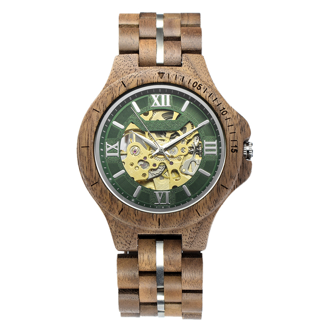 Chinese Mechanical Movement Wood Watch with Stainless Steel Band Mineral Harden Glass Wooden Case