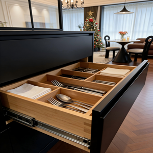 High-End Black Dining <b>Sideboard</b> - <b>Glass</b>-Front Cabinet & LED Lighting, Marble Backsplash + Bar Hub for Modern Luxury Homes - Product Image 5