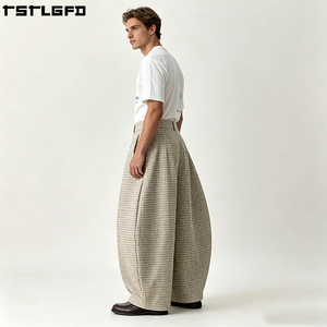 Pantalon plissé structuré à carreaux OEM/ODM, coupe large et ample, style japonais, vente en gros - Product Image 3