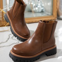 Bottines tendance pour femmes, marron et noir, plateforme épaisse, talon moyen, à enfiler, bottines à la cheville, fabrication OEM, stock RTS