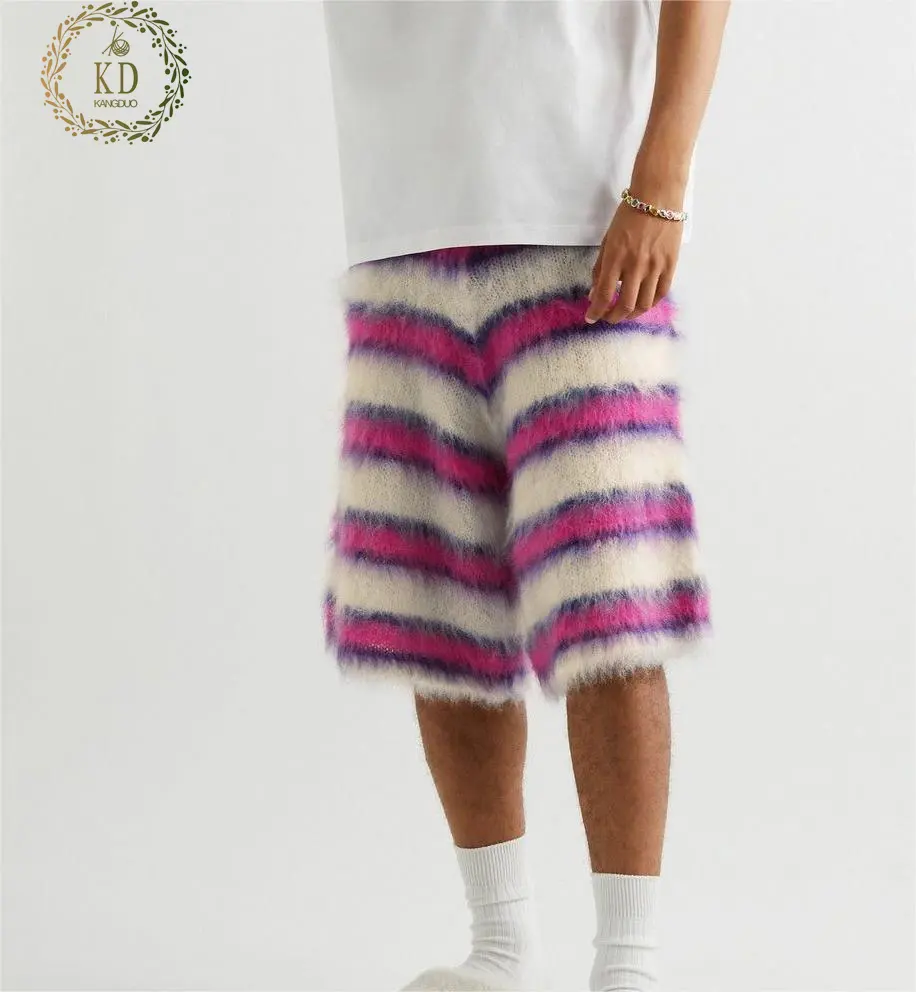 KD Knitwear Manufacturer Custom Men Knit Shorts Winter Knitted Pants Men Knitwear Striped Mohair Blend Drawstring Shorts