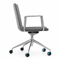 Chaise de bureau moderne à dossier moyen, ergonomique, pivotante, en tissu, avec accoudoirs chromés, base en aluminium et roulettes lisses