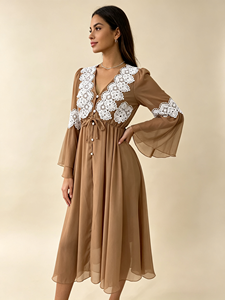 Women Bohemian Midi <b>Dress</b> White Lace Applique V Neck Flare Long Sleeve Drawstring Waist Chiffon Casual - Product Image 2