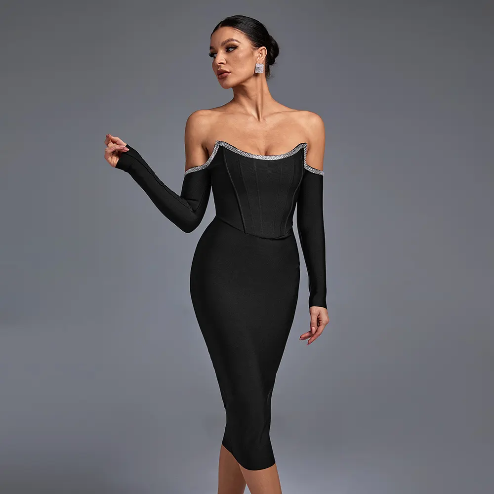 New Fashion Black Dress Off The Shoulder Long Sleeve Maxi Prom Dresses 2022 Summer Formal Evening Dresses Women