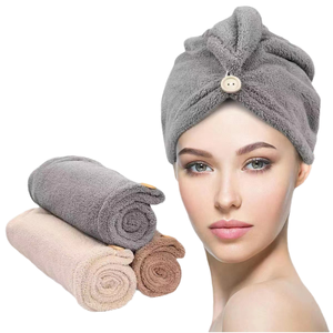<span class=keywords><strong>Serviette</strong></span> de <span class=keywords><strong>cheveux</strong></span> en <span class=keywords><strong>microfibre</strong></span> pour femmes bouton tissu tricoté rapide à séchage rapide pour usage domestique - Product Image 1