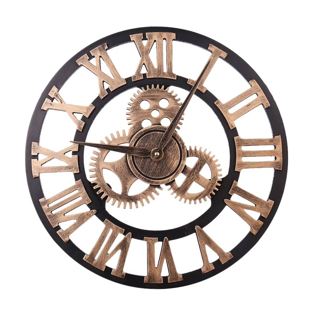 American Retro Gear Quartz Silent Wall Clock Classic Wooden Hanging Watch Needle Single Face for Living Dining Room Industrial