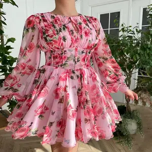2021 moda giysiler Ropa De Mujer çiçek baskı o-yaka uzun kollu A-Line Mini parti elbise