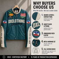 Jaket Bomber Kulit Teal Cream Kustom 400gsm Multi-Patch Varsity Build Panel Kulit Kontras Jaket Biker Streetwear OEM ODM