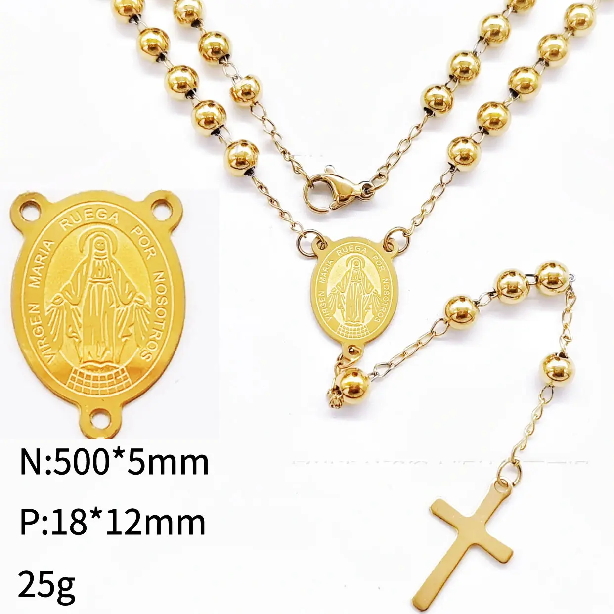 Zooying buatan tangan panjang 3mm 5mm emas baja nirkarat manik-manik religius Mary hati salib doa liontin kalung