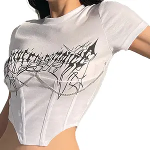 Camiseta para mujer, camisetas gráficas, corsé blanco, Top Y2K, Tops recortados, negro sólido, cuello redondo, ropa de calle para mujer, camisetas ajustadas de manga corta