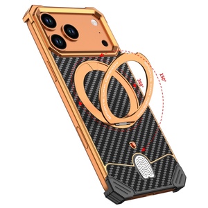 Custom Carbon Fiber Texture Metal <b>Phone</b> Case for iPhone 17 Pro Max With 360° Magnetic <b>Ring</b> Stand Frameless Shockproof Cover - Product Image 2