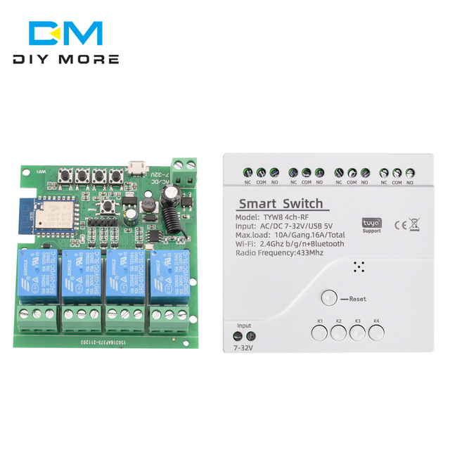 Tuya Smart Wifi Motor Switch Module DC7-32V RF 433 Radio Remote Control 4 Channels Inching Relay for Alexa Google Home