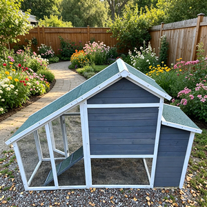 Elegante gallinero pintado en dos tonos con ventana decorativa, rampa, tapete y corral de malla completa, perfecto para jardín y huerto familiar. - Product Image 3