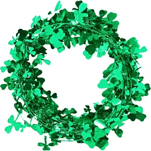 Shamrock Tinsel Garlands St. Patrick's Day Decoration Green Clover Wire Wreath for Irish St Patrick Party Home Wall Door Decor