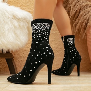 2025 Autumn Winter Female Pointed Toe Black Booties High Heels Sexy Rhinestone Fashion Ankle <b>Boots</b> for Women - Product Image 5