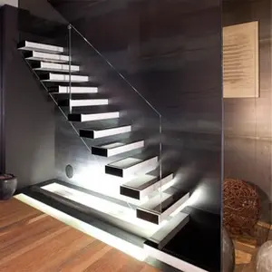 ACE Customized Floating Stair Case Straight Escalier Indoor Stairway Tiles Staircase With Solid Wood Steps