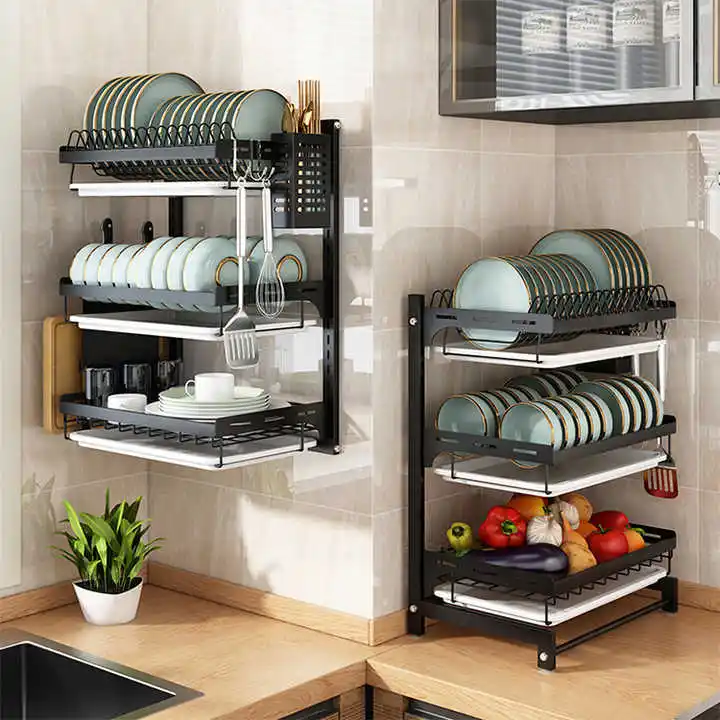 Countertop Wall Mounted Kitchen Over Sink 2 Tier 3 Tier Dish Drying Rack Holder with Drip Tray